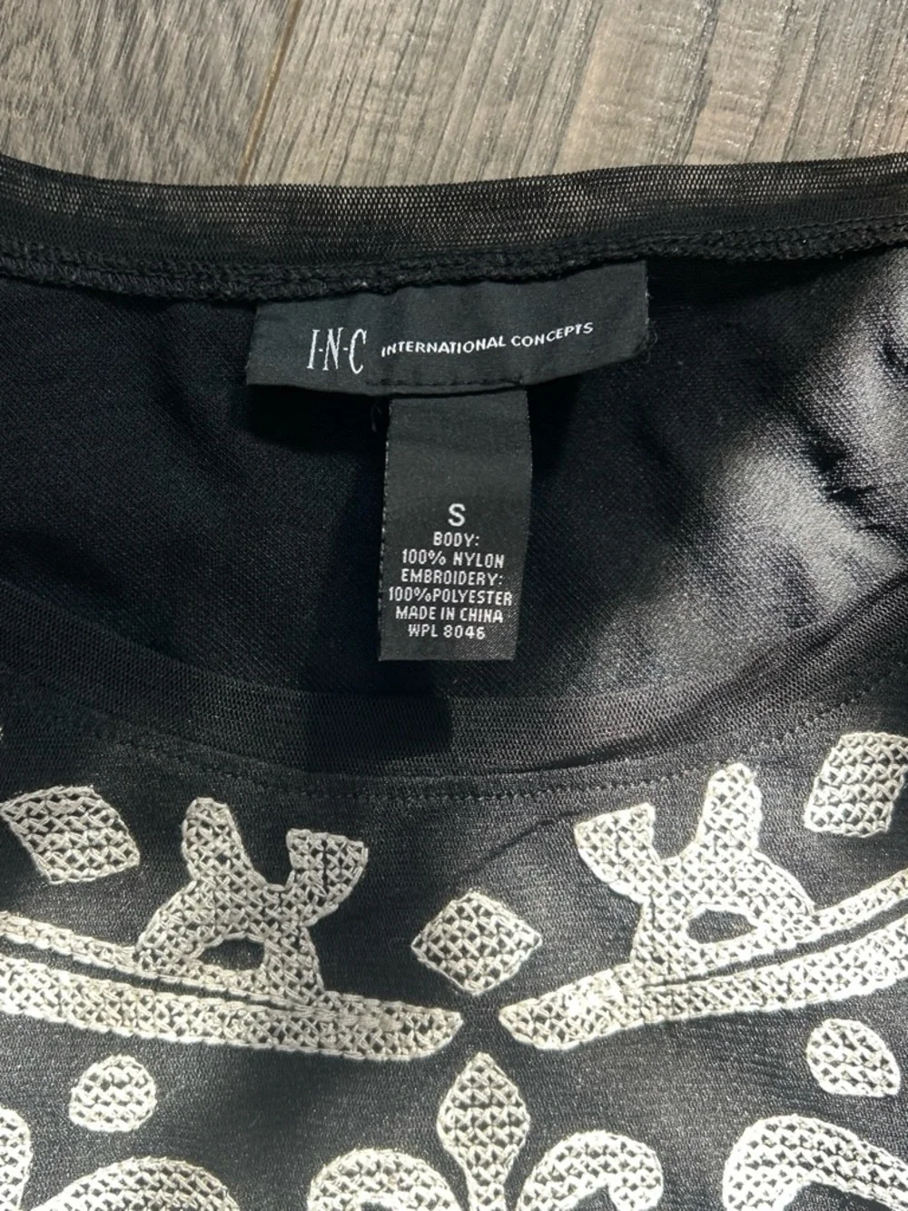 INC International Concepts Black Top with White Embroidered Design